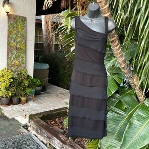 Donna Karan asymmetric tattered raw edge dress